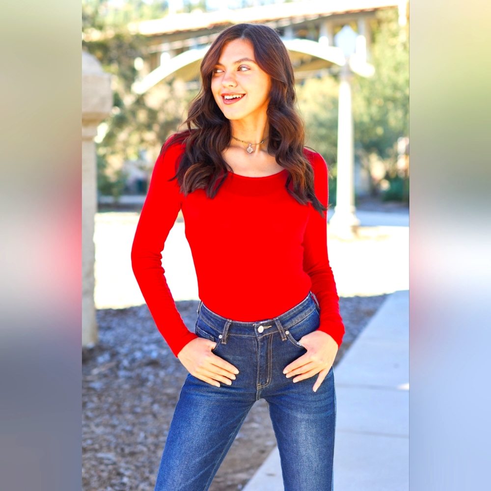 Basic Bae Designer Red Full Size Round Neck Long Sleeve Bodysuit Various Sizes